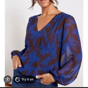Evereve Blue and Brown Floral Blouse